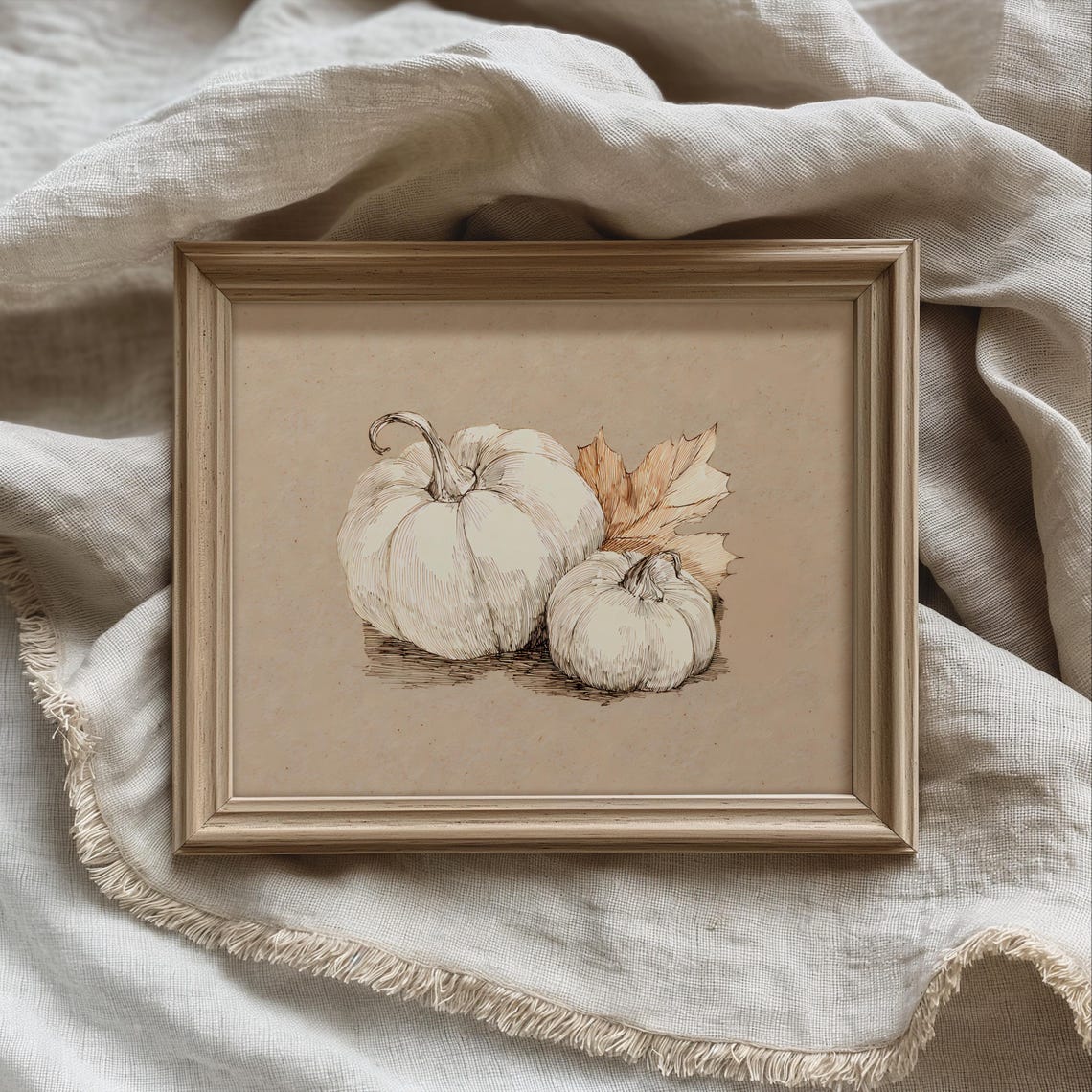 Cozy Rustic White Pumpkins Autumn Leaf Sketch Farmhouse Print