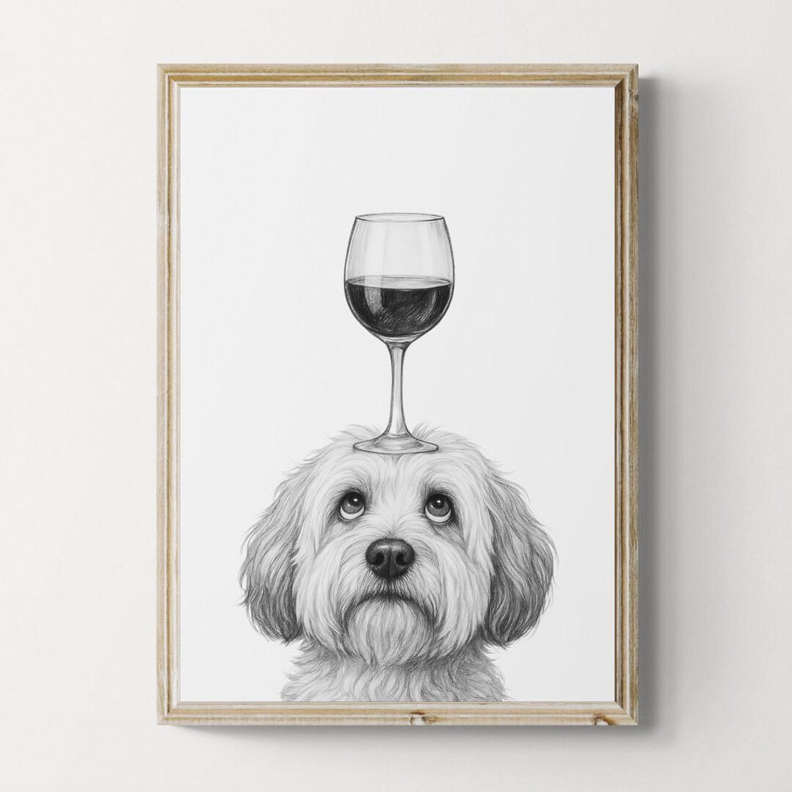 Havanese Dog Balancing Wine Glass Humorous Black White Drawing Poster