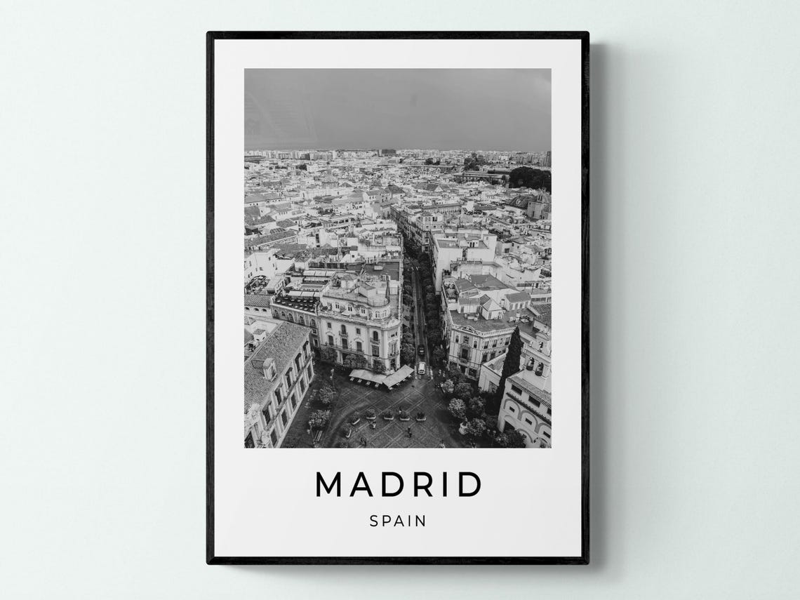 Madrid Spain Old Town Rooftops Aerial Black And White Travel Poster