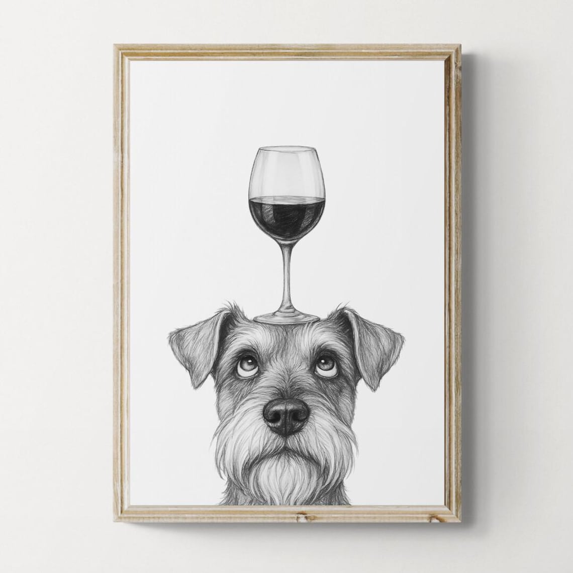 Schnauzer Dog Balancing Red Wine Glass Cute Pencil Sketch Poster