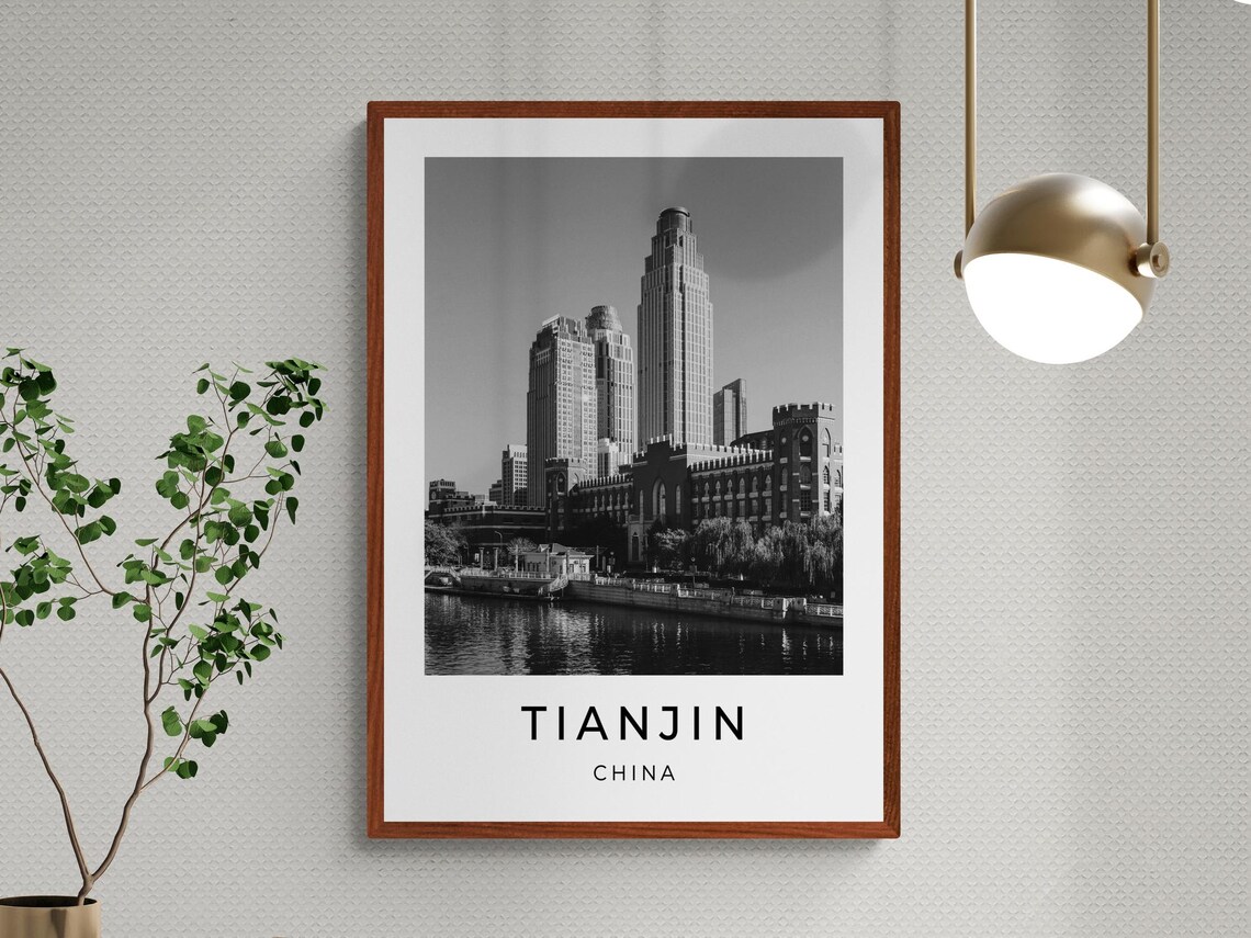 Tianjin China Haihe Riverfront Skyscrapers Black White City Poster - Image 3