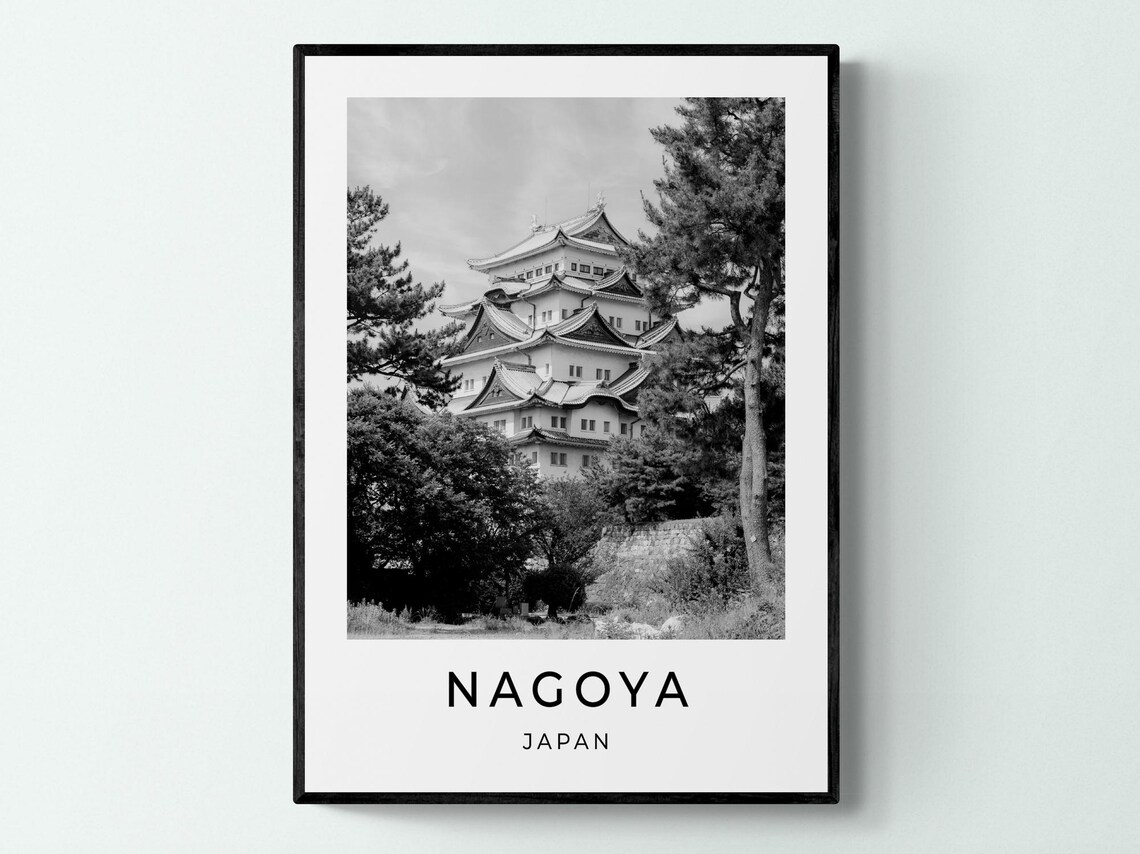 Nagoya Japan Castle Traditional Tower Trees Black White Travel Poster