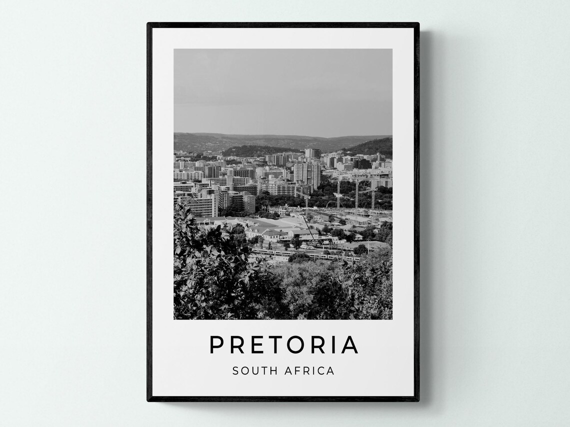 Pretoria South Africa City Skyline Hills Black White Travel Poster
