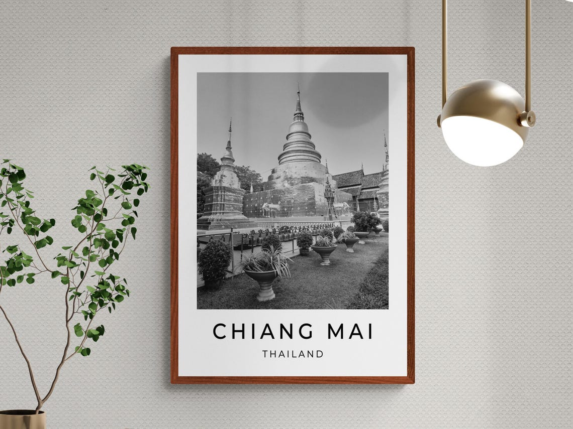 Chiang Mai Thailand Temple Tiered Chedi Stupa Monochrome Travel Poster - Image 3