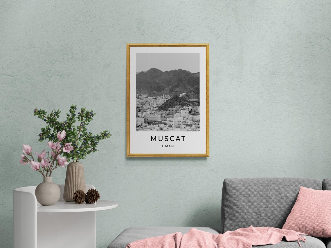Muscat Oman White Old Town Mountain Backdrop Monochrome Travel Poster - Image 2