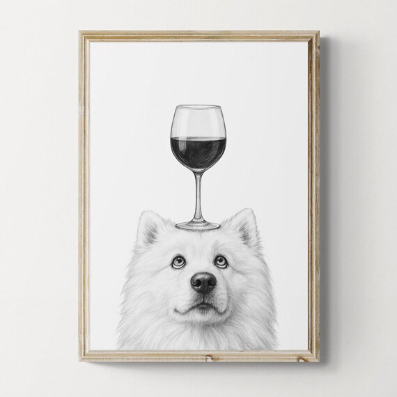 Samoyed Dog Art Print Funny And Wine Drawing Lover Wall Decor Lovers Gifts