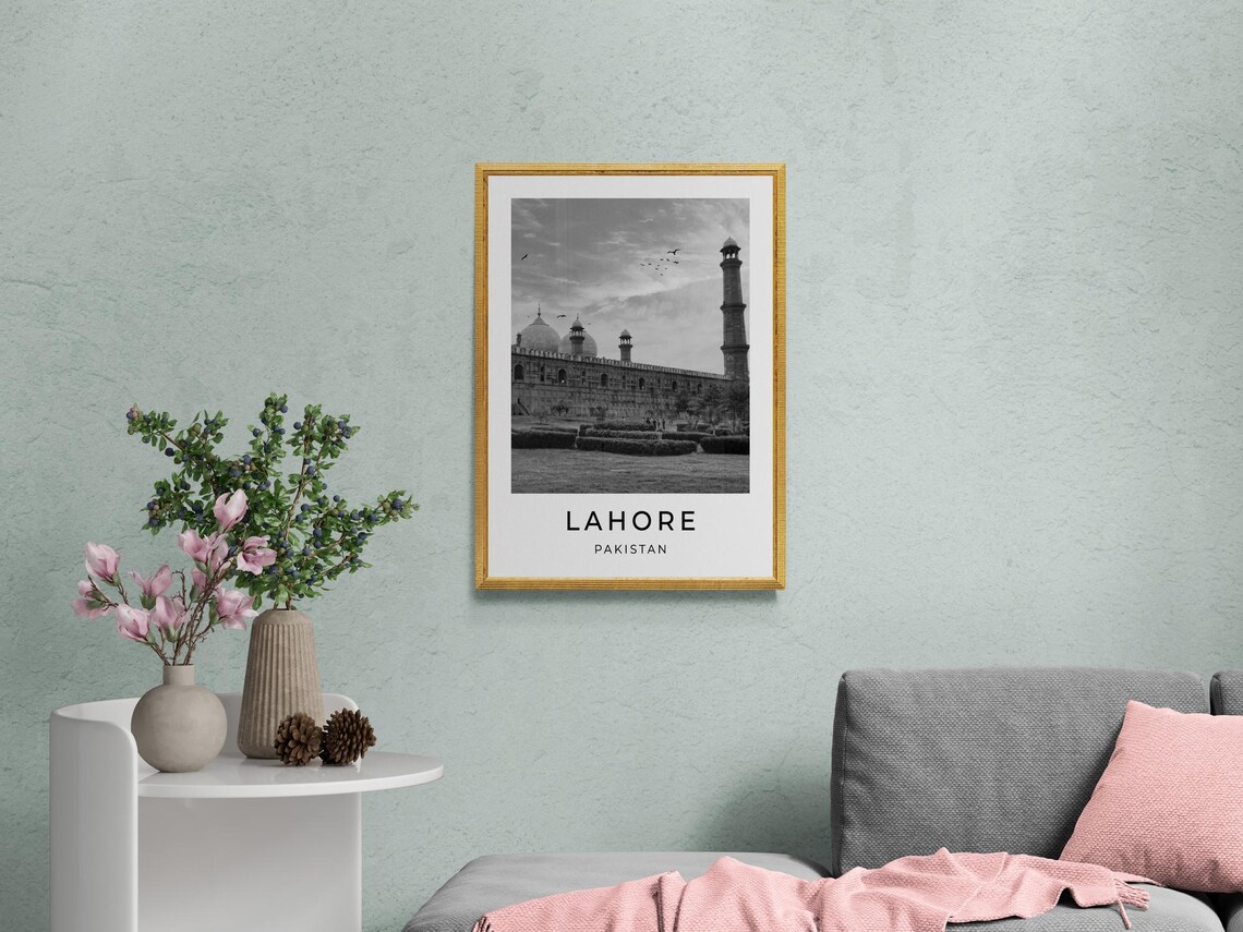 Lahore Pakistan Badshahi Mosque Minarets Monochrome Travel Poster - Image 2