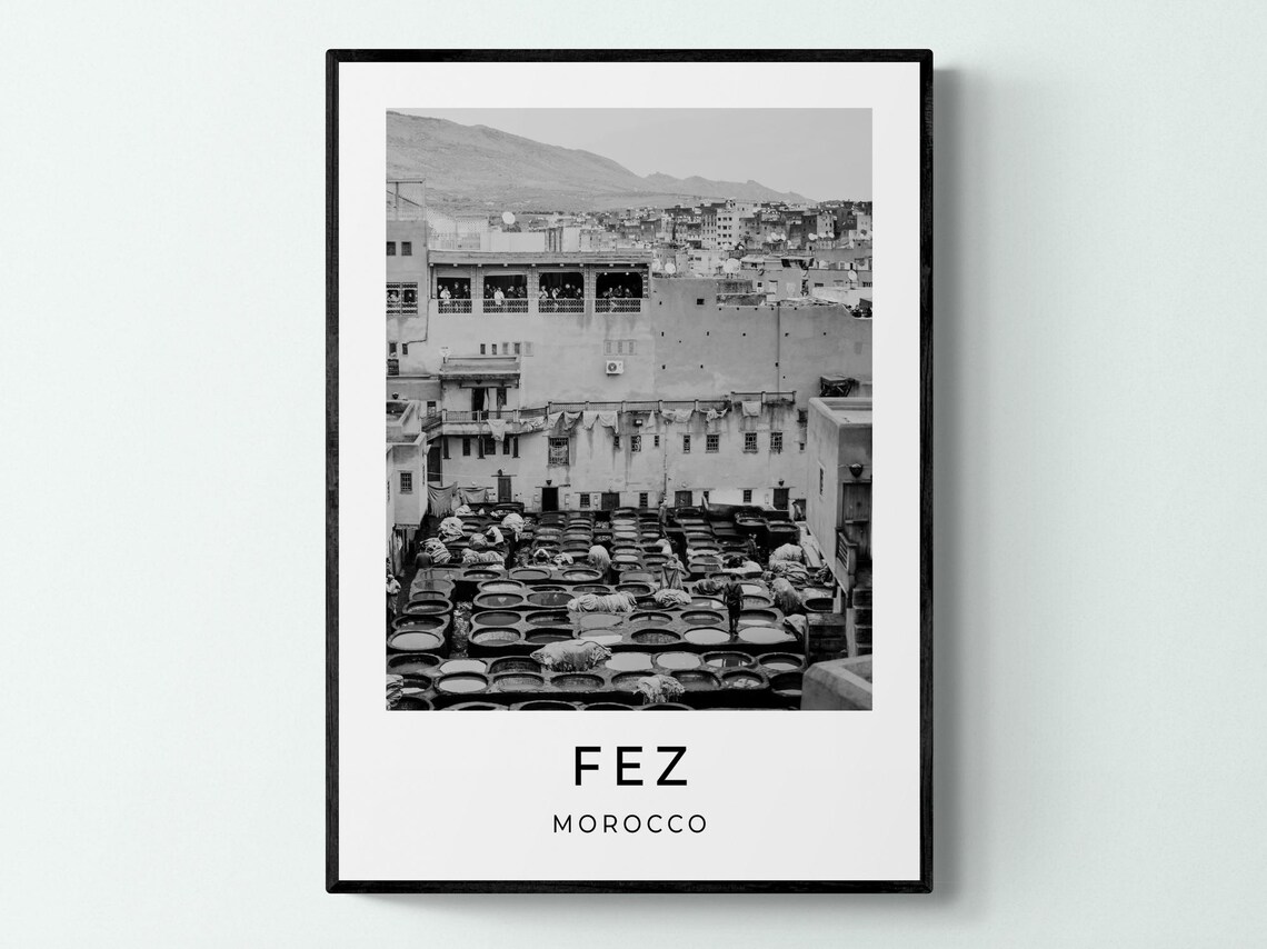 Fez Morocco Chouara Tannery Dye Pits Old Town Monochrome Travel Poster