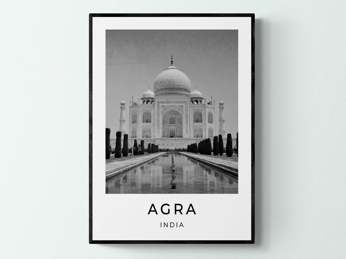 Agra India Taj Mahal Front View Reflecting Pool Black White Poster