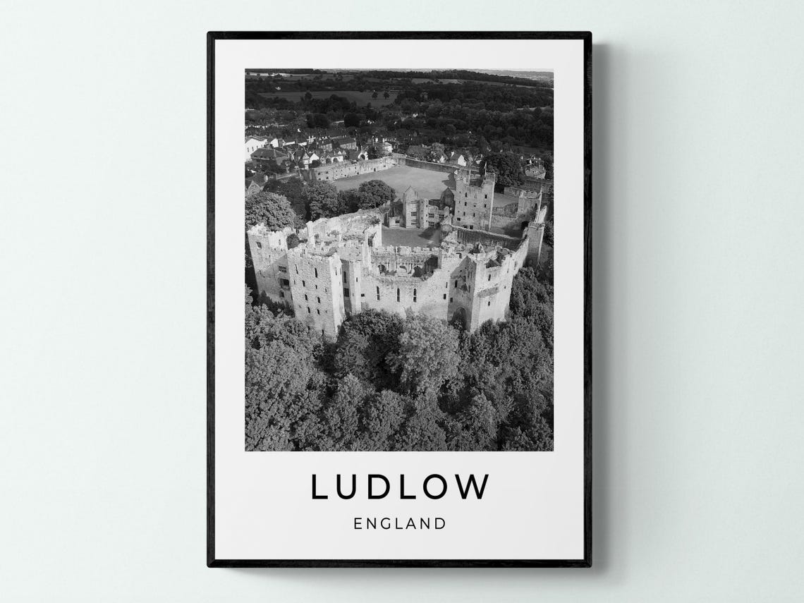 Ludlow England Castle Ruins Aerial View Historic Monochrome Poster