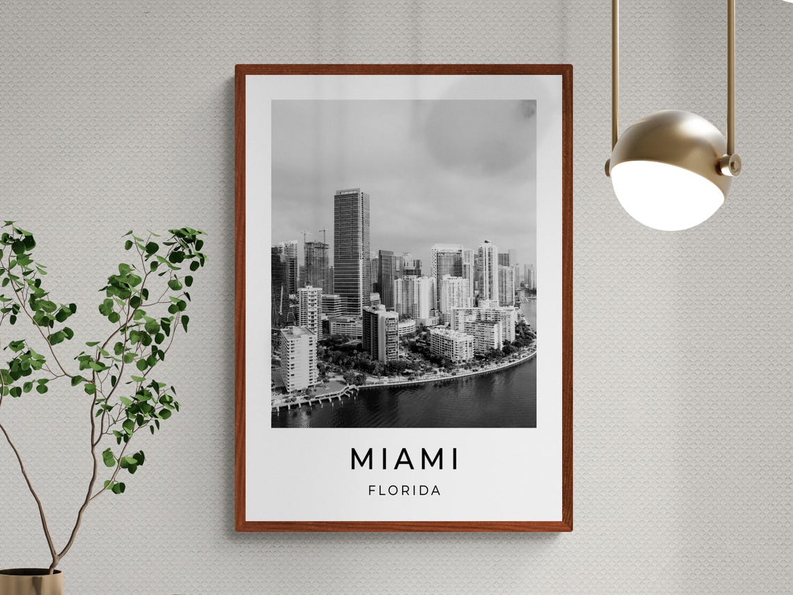 Miami Florida Downtown Brickell Skyline Bay Aerial Monochrome Poster - Image 3