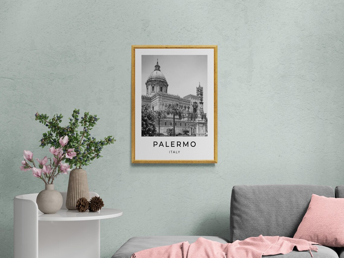 Palermo Italy Black and White Grand Cathedral Dome Travel Poster