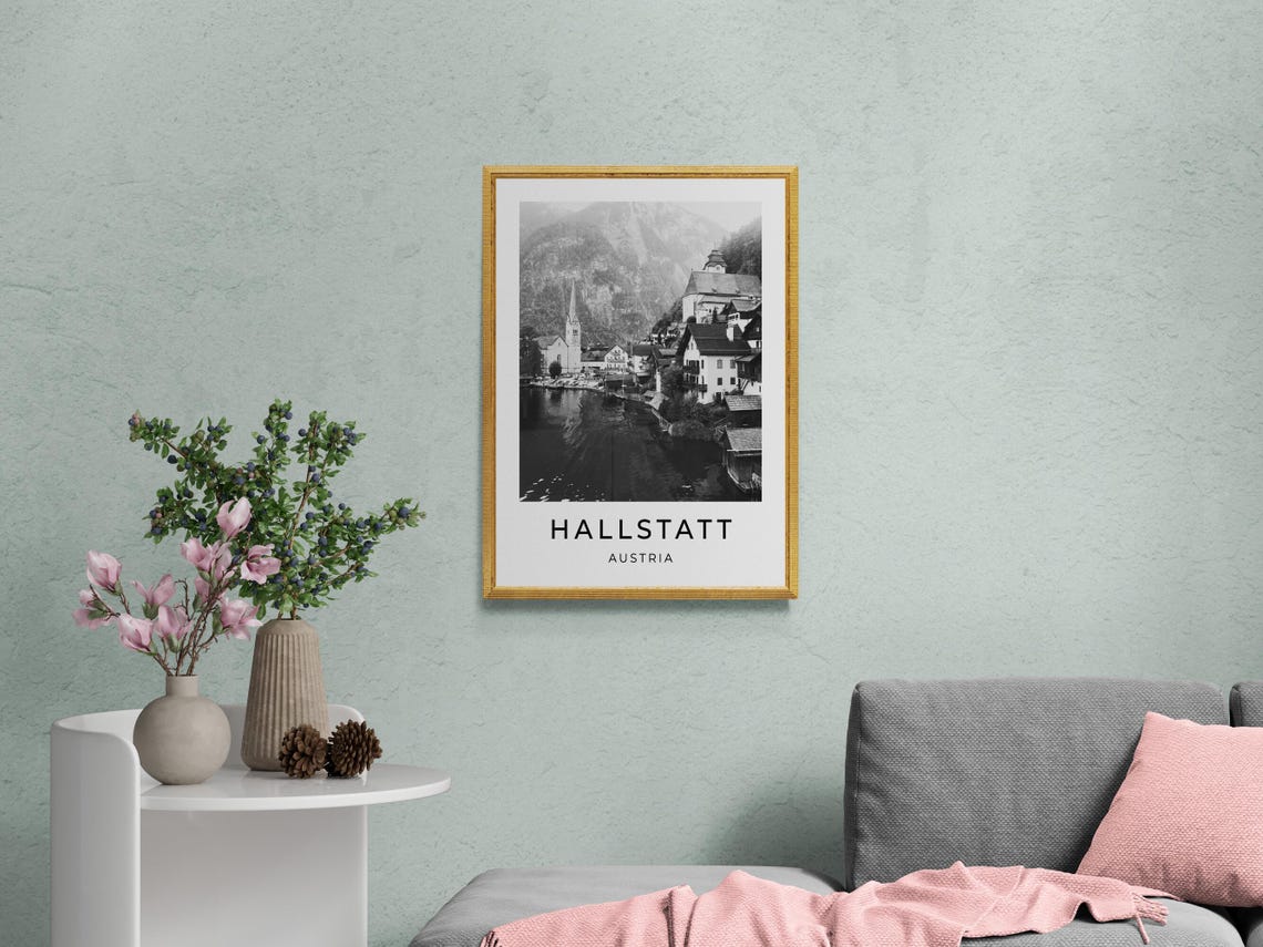 Hallstatt Austria Lakeside Village Church Mountain Black White Poster - Image 2