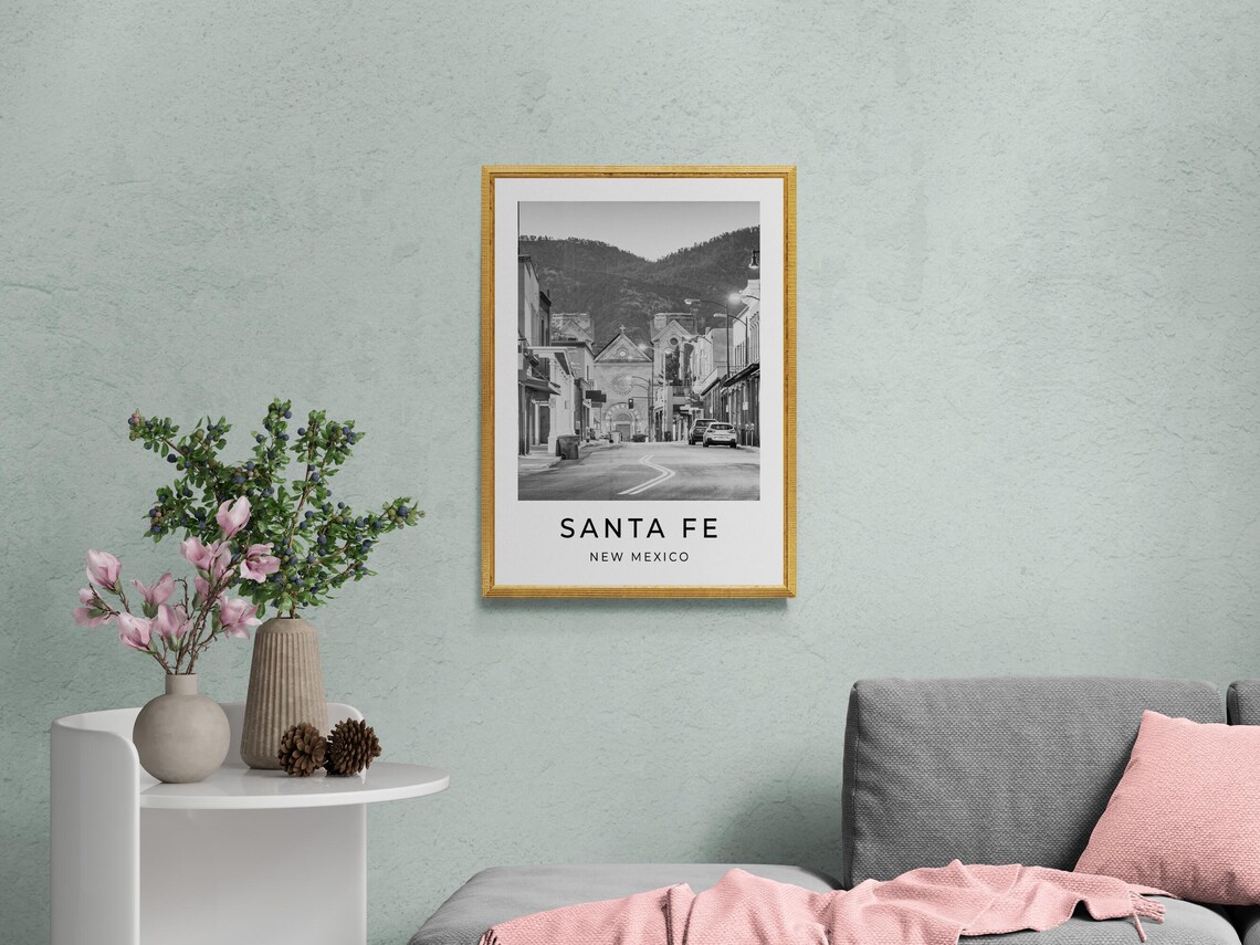 Santa Fe New Mexico Historic Street Church Mountain Monochrome Poster - Image 2