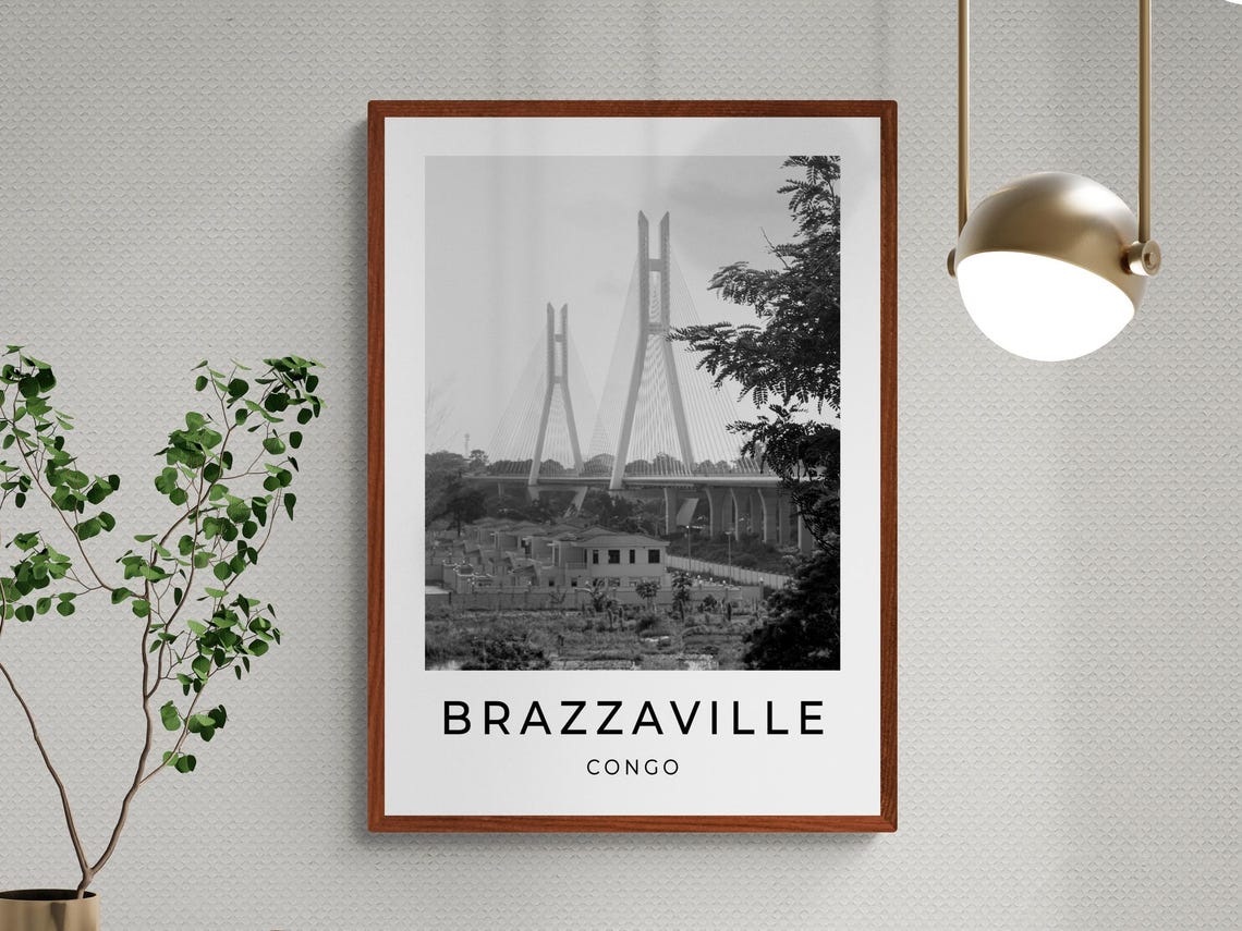 Brazzaville Congo Cable Stayed Bridge Pylons Monochrome Travel Poster - Image 3