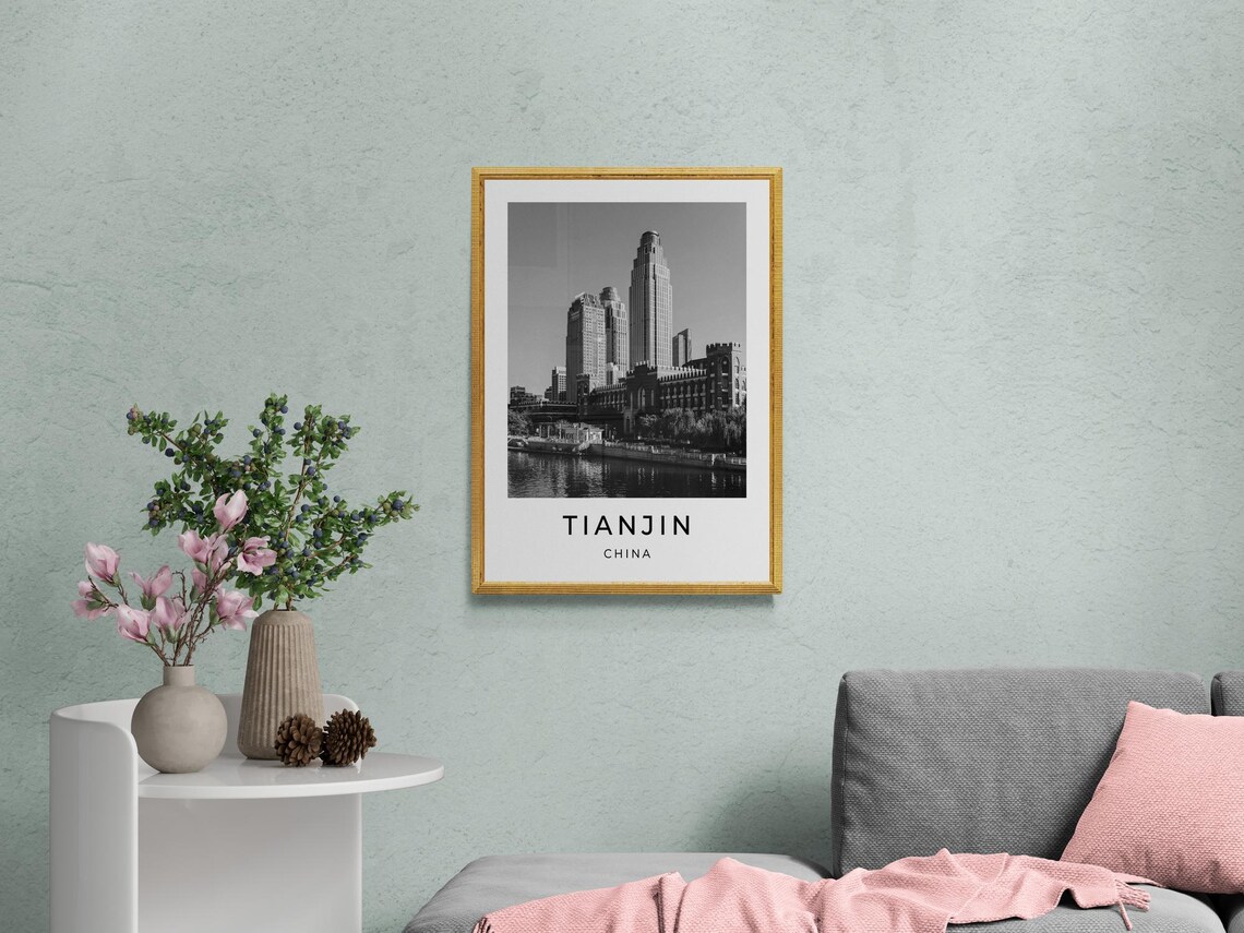 Tianjin China Haihe Riverfront Skyscrapers Black White City Poster - Image 2