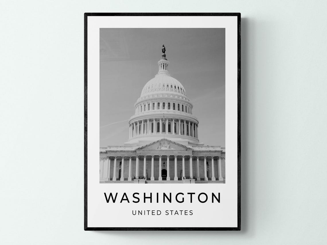 Washington DC Capitol Building Dome Columns Black White Travel Poster