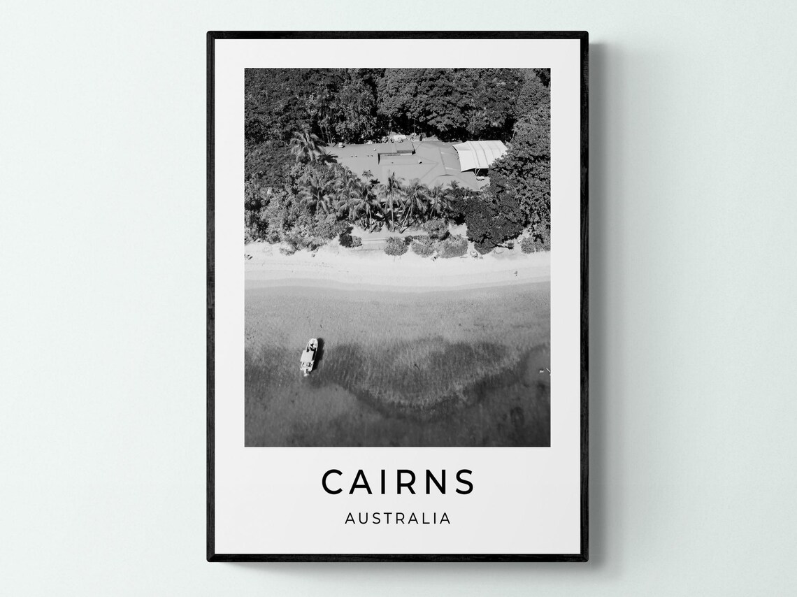 Cairns Australia Aerial Beach Palm Shore Boat Black and White Poster