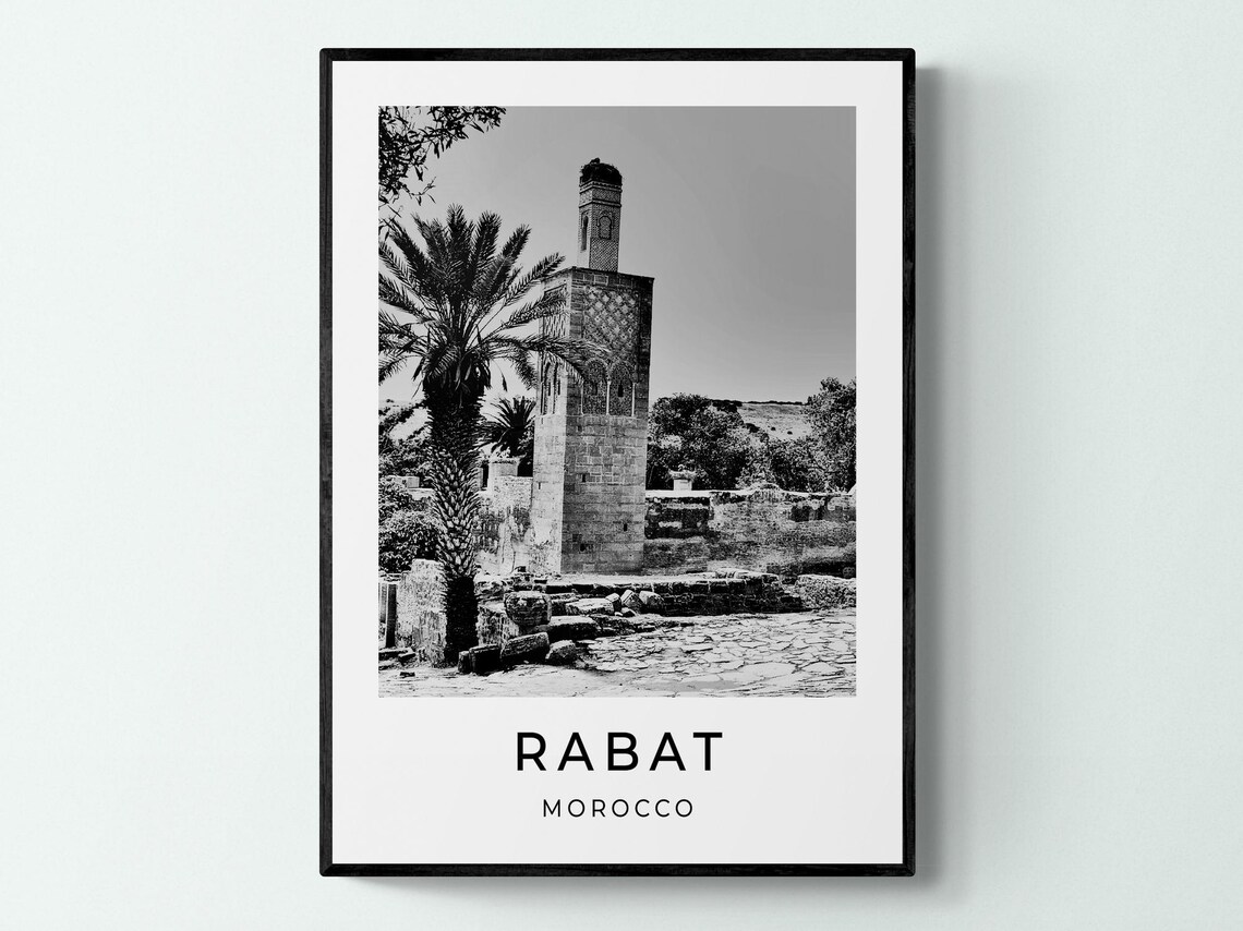 Rabat Morocco Hassan Tower Stork Nest Palm Monochrome Travel Poster