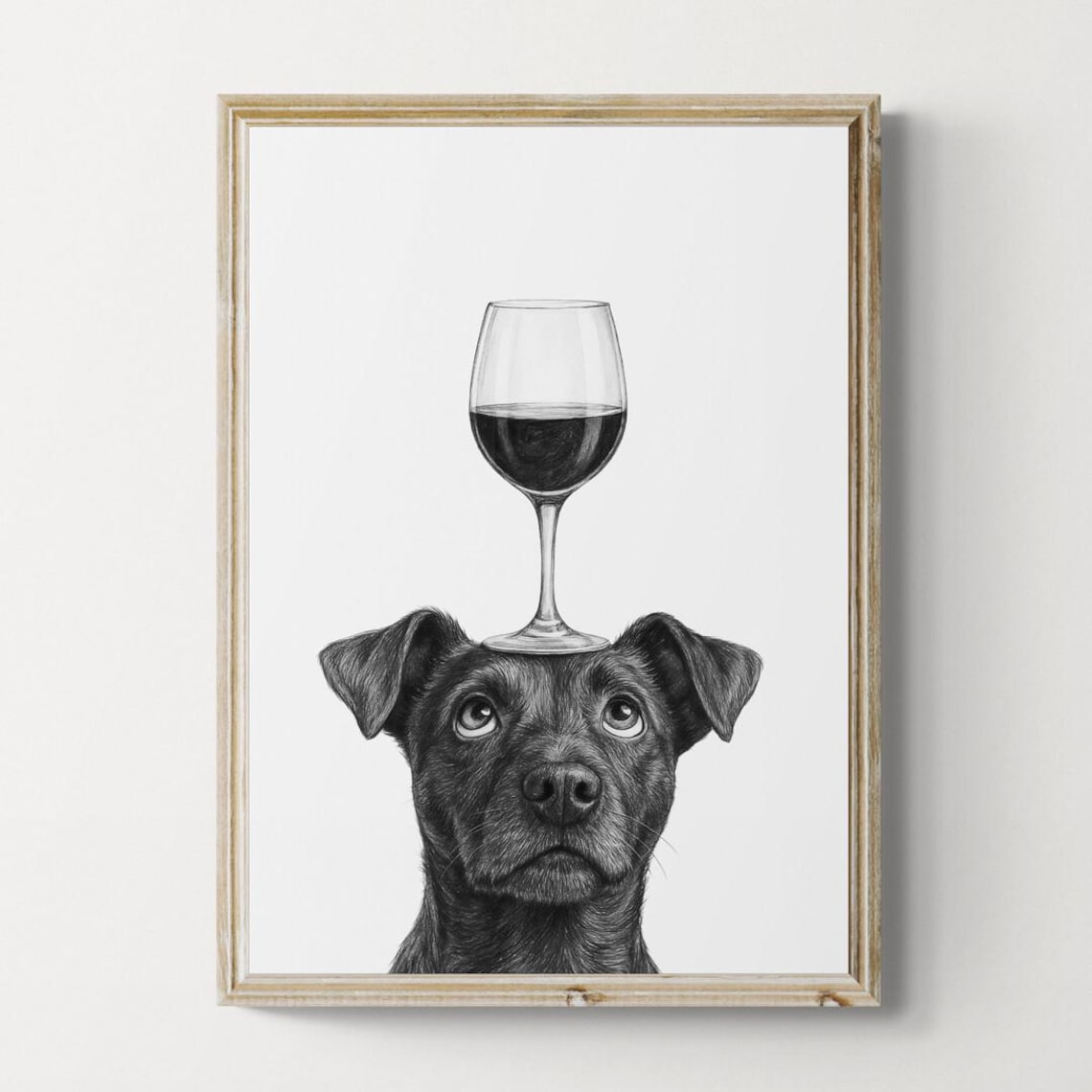 Patterdale Terrier Balancing Red Wine Glass Funny Pencil Art Poster