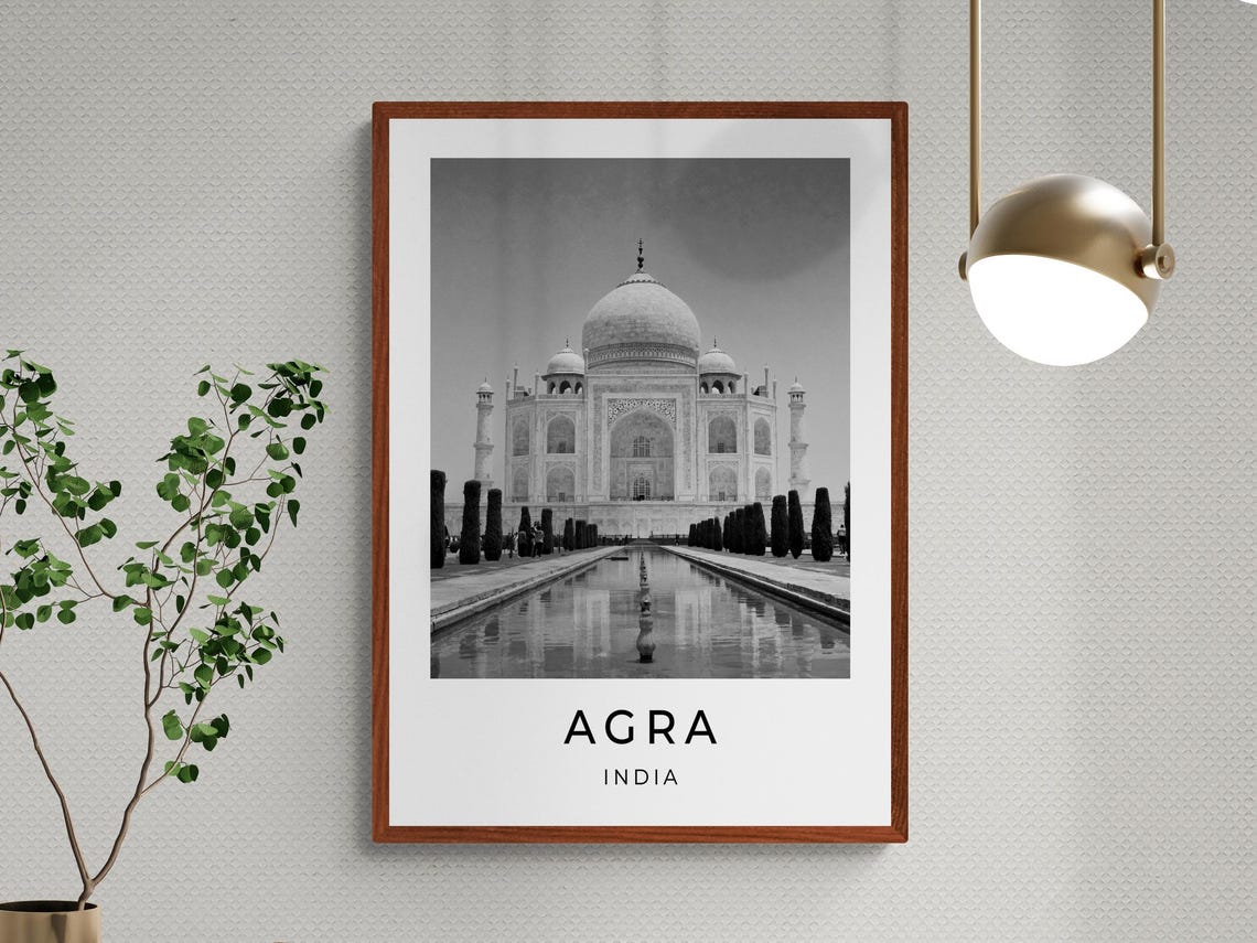 Agra India Taj Mahal Front View Reflecting Pool Black White Poster - Image 3