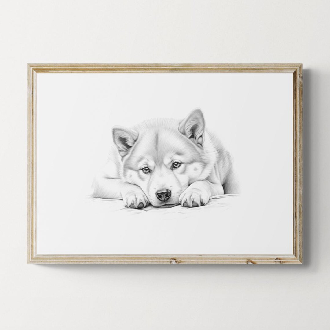 Shiba Inu Dog Lying Down Prone Monochrome Sketch Vintage Dog Poster
