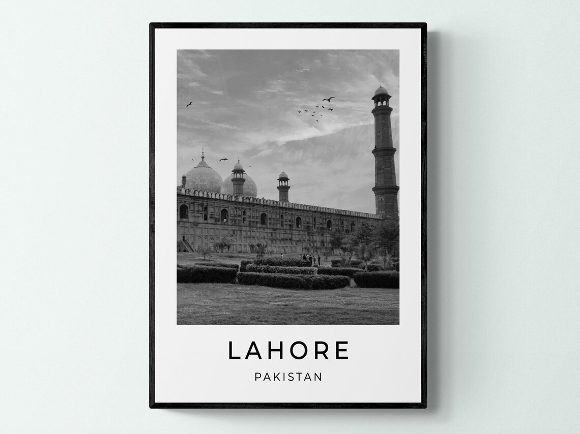 Lahore Pakistan Badshahi Mosque Minarets Monochrome Travel Poster