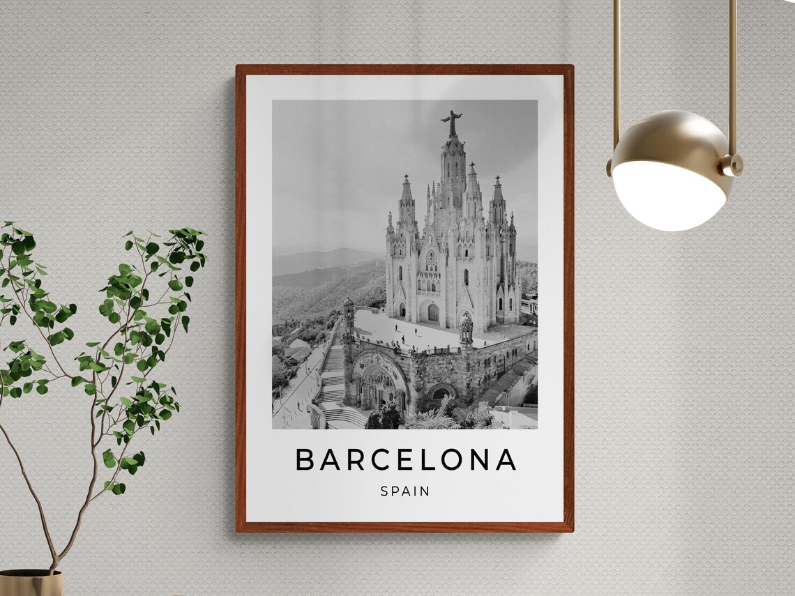 Barcelona Spain Tibidabo Sacred Heart Church Black White Travel Poster - Image 3