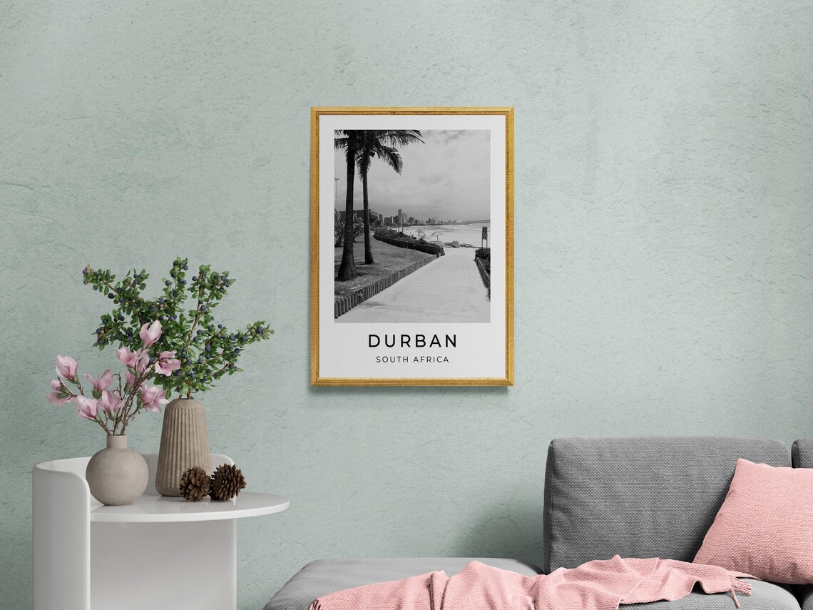 Durban South Africa Palm Beachfront Promenade Monochrome Travel Poster - Image 2