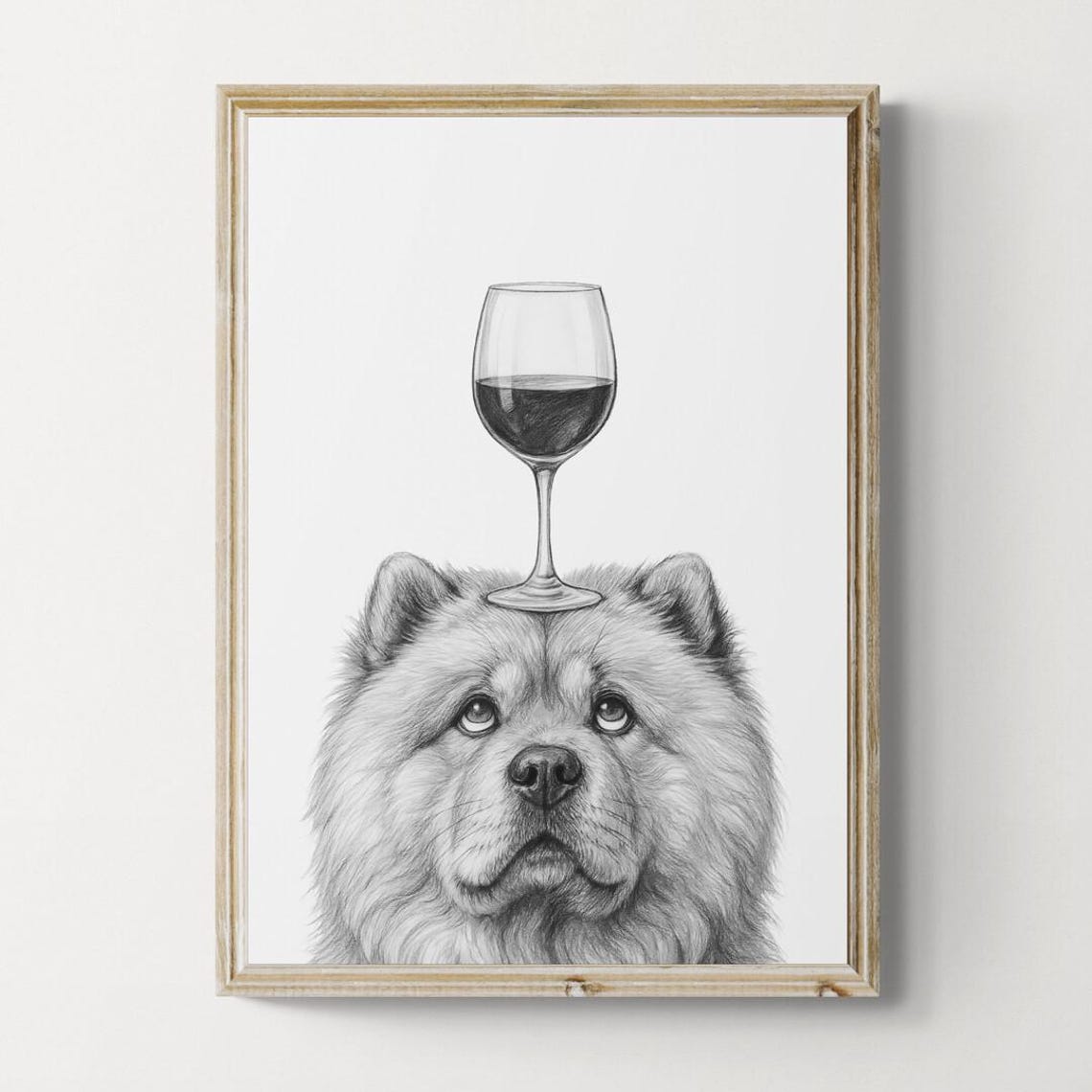 Fluffy Chow Chow Balancing Wine Glass on Head Funny Sketch Poster