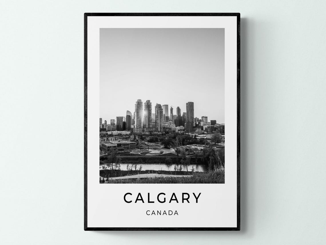 Calgary Canada Downtown Skyline River View Black White Travel Poster