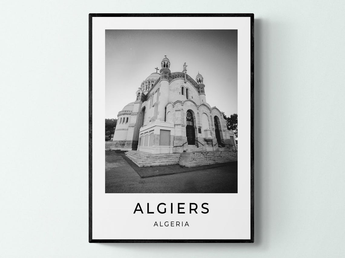 Algiers Algeria Basilica Notre Dame Dome Black White Travel Poster