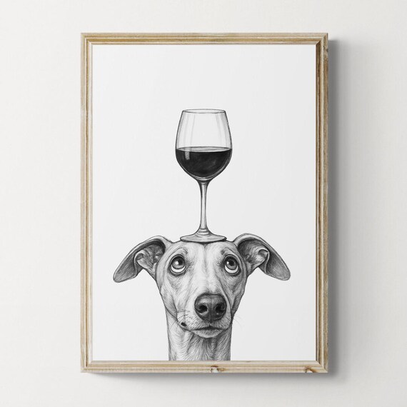 Italian Greyhound Dog Art Print Funny And Wine Drawing Lover Wall Decor Lovers Gifts