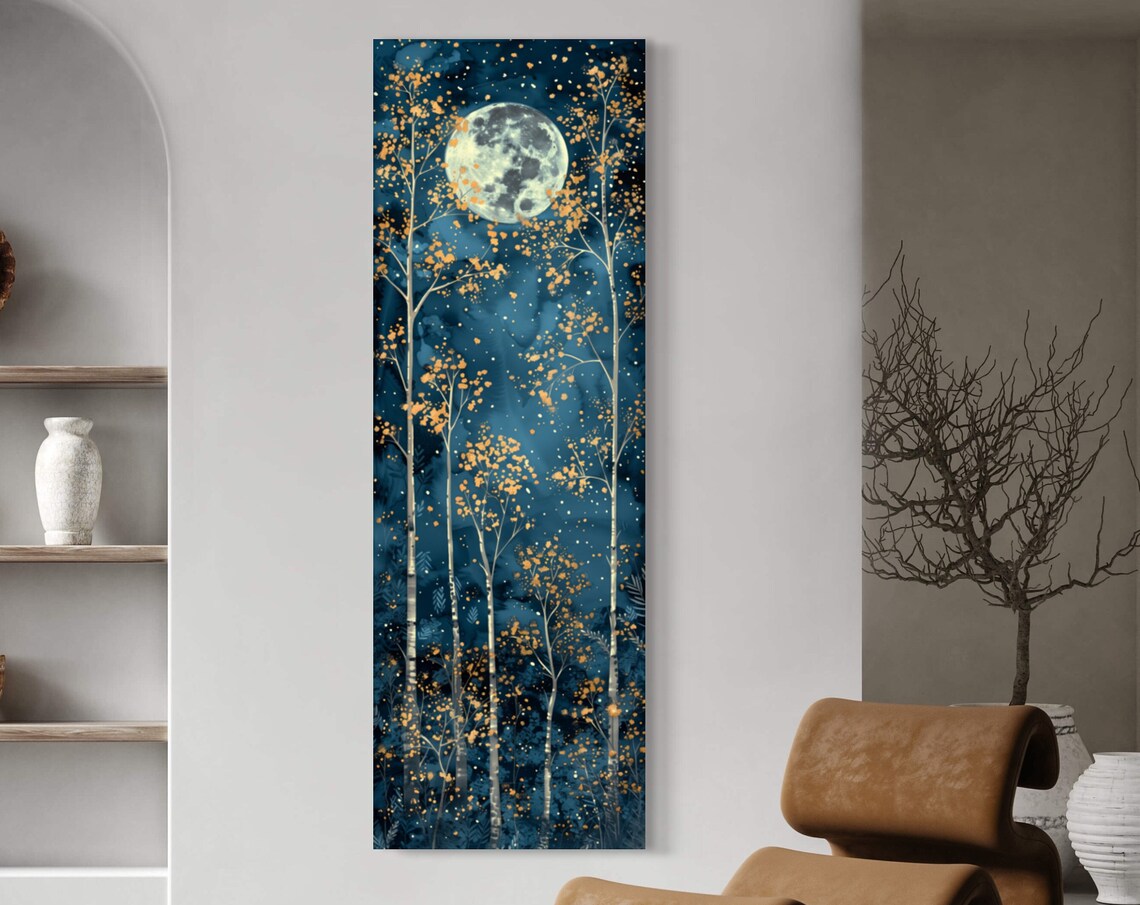 Moody Starry Night Birch Trees, Celestial Art Print