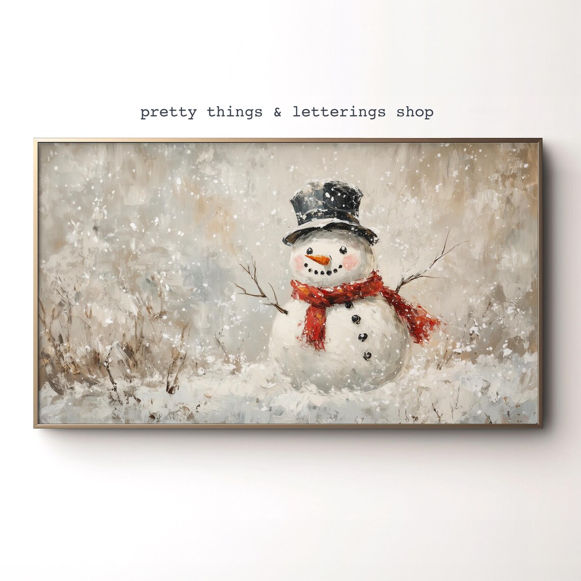 Cute Snowman Top Hat Red Scarf Falling Snow Holiday Winter Poster