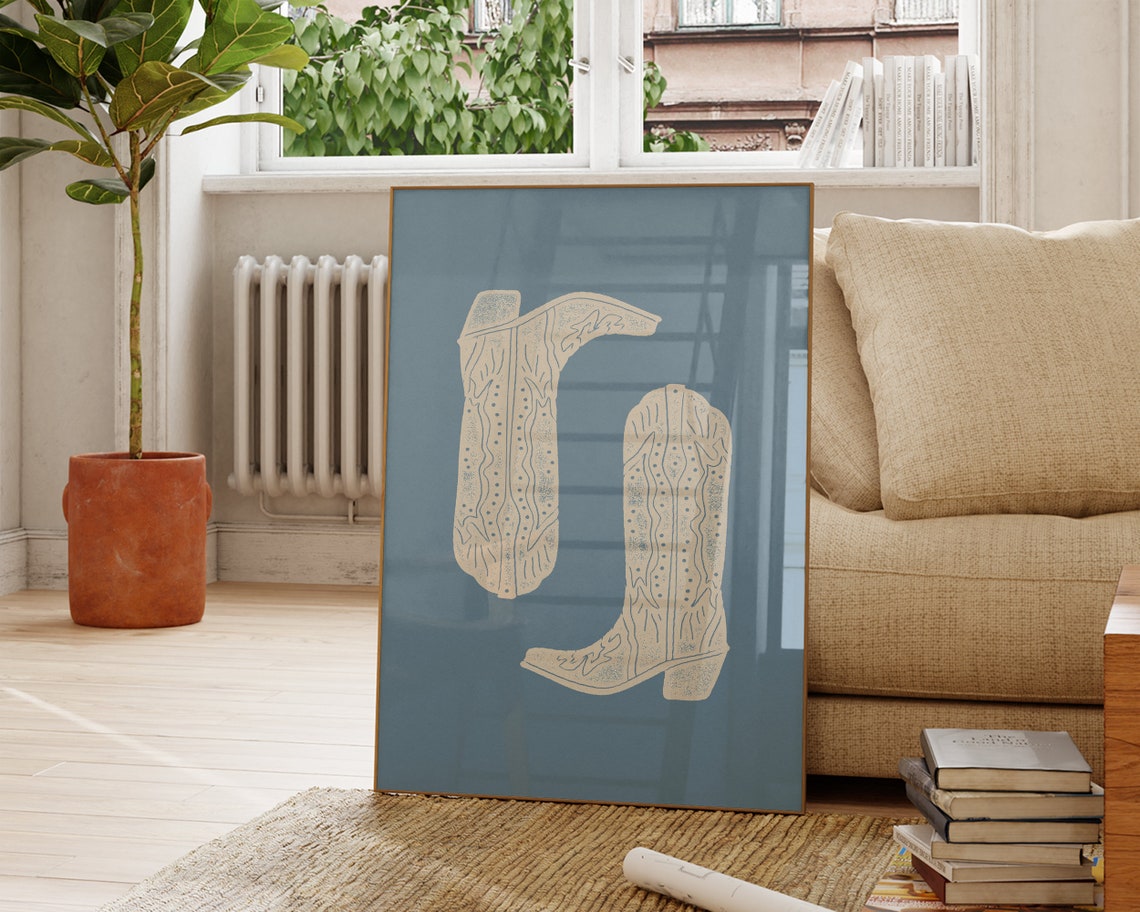 Cream Cowboy Boots Line Art On Dusty Blue Western Style Print - Image 2