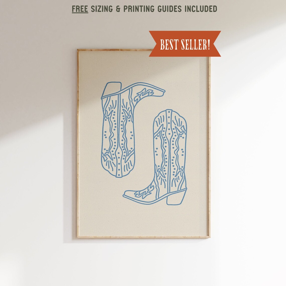 Blue Cowboy Boots, Minimalist Western Art Print