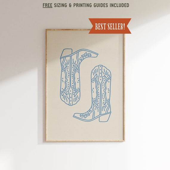 Blue Cowboy Boots, Minimalist Western Art Print