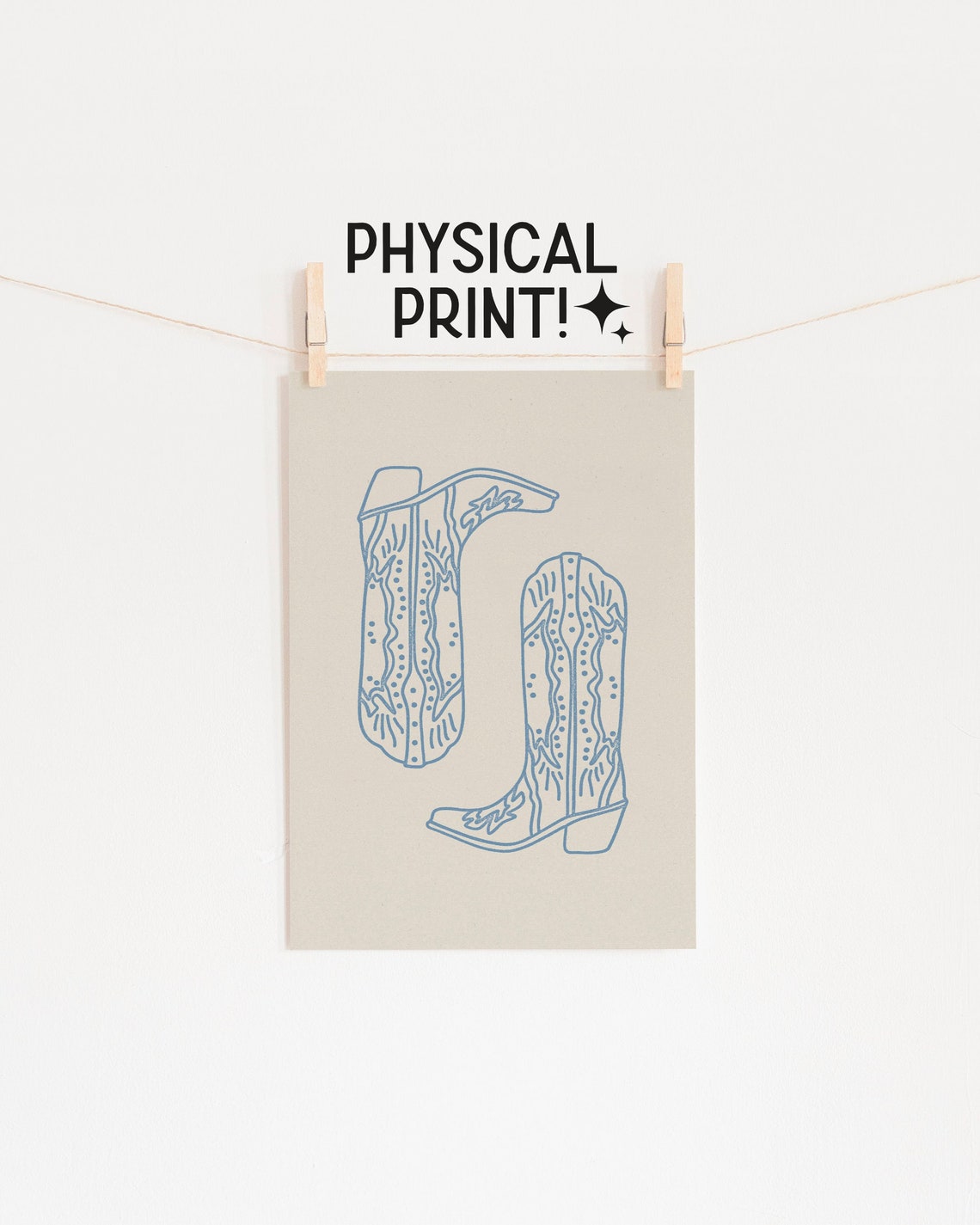 Light Blue Cowboy Boots Line Sketch Cream Western Style Poster