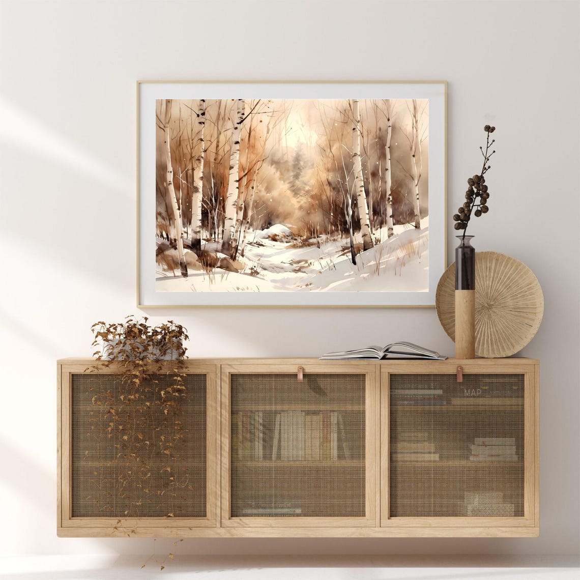 Birch Forest Snow Golden Winter Light Trees Watercolor Art Poster - Image 3