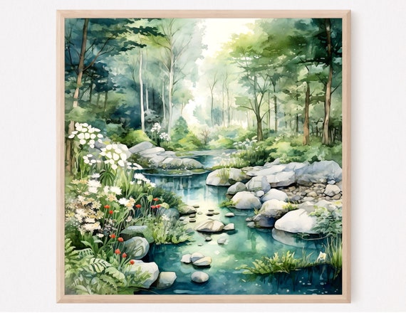 Forest River Wall Art Forest River Watercolor Art Nature Print Green Forest Painting Poster Landscape Print Wall Art Living Room Decor