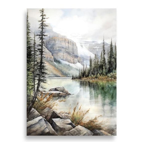 Banff National Park Rocky Lake Pine Shore Watercolor Mountain Poster