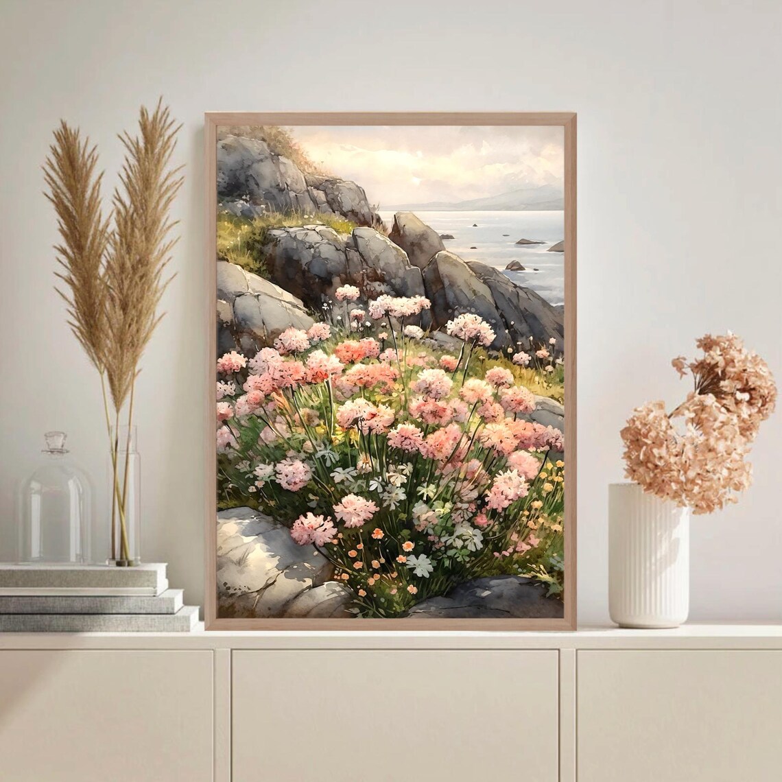 Rocky Seashore Pink Sea Thrift Flowers Calm Water Watercolor Poster - Image 5