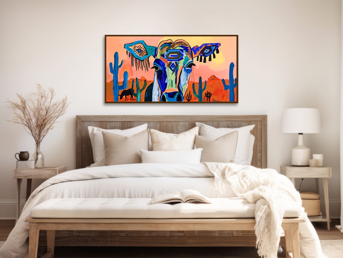 Colorful Abstract Cow Face Painting Desert Sunset Cactus Wall Poster - Image 2