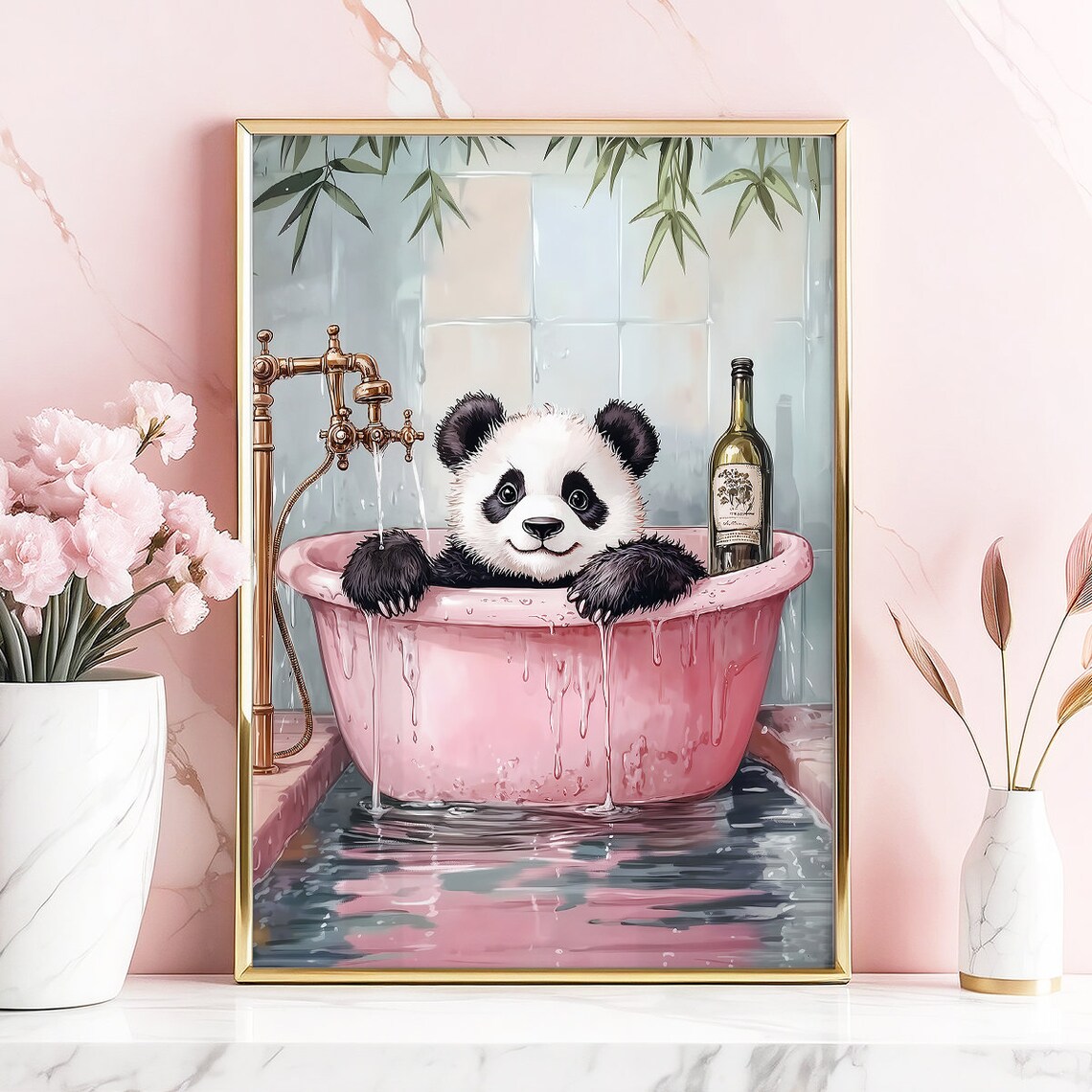Baby Panda Pink Bathtub Wine Bottle Cute Nursery Wall Poster - Image 3