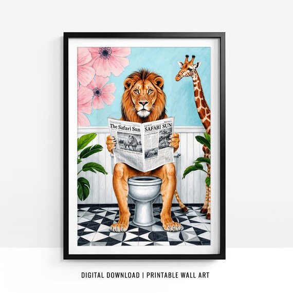 Lion Reading Safari Sun Newspaper Giraffe Funny Bathroom Poster