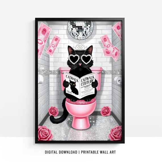 Black Cat in Tiara Reading Catwalk Couture Magazine Pink Poster