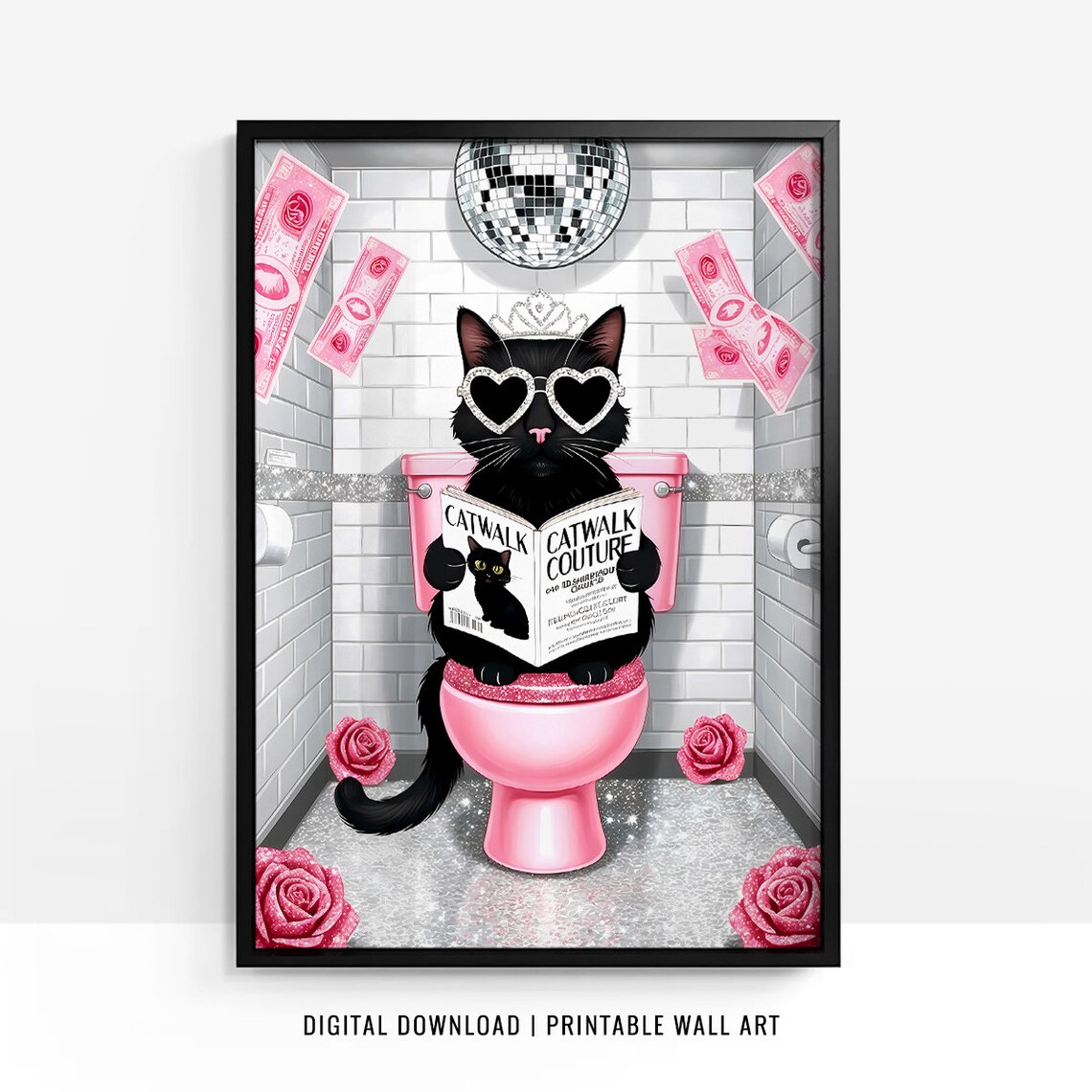 Black Cat in Tiara Reading Catwalk Couture Magazine Pink Poster