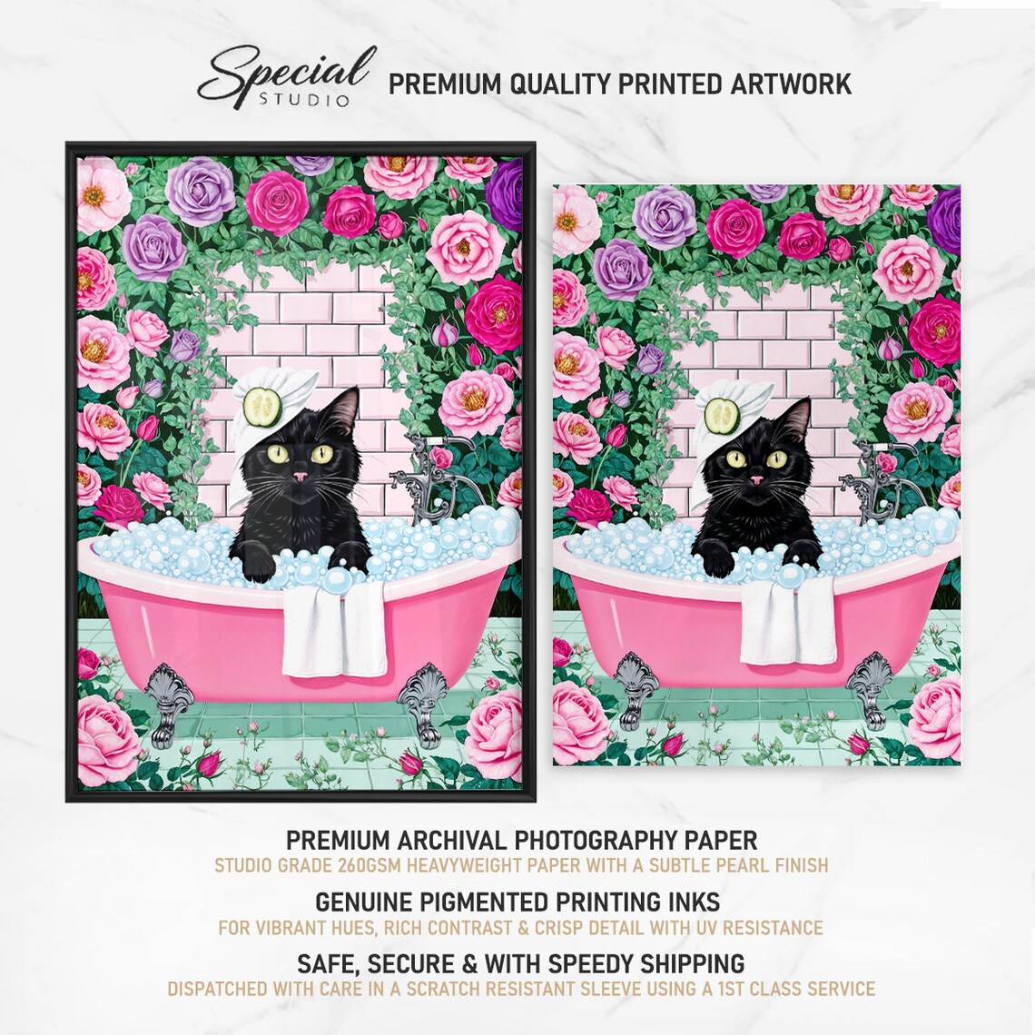 Black Cat In Pink Bubble Bath With Towel Wrap And Roses Poster - Image 4