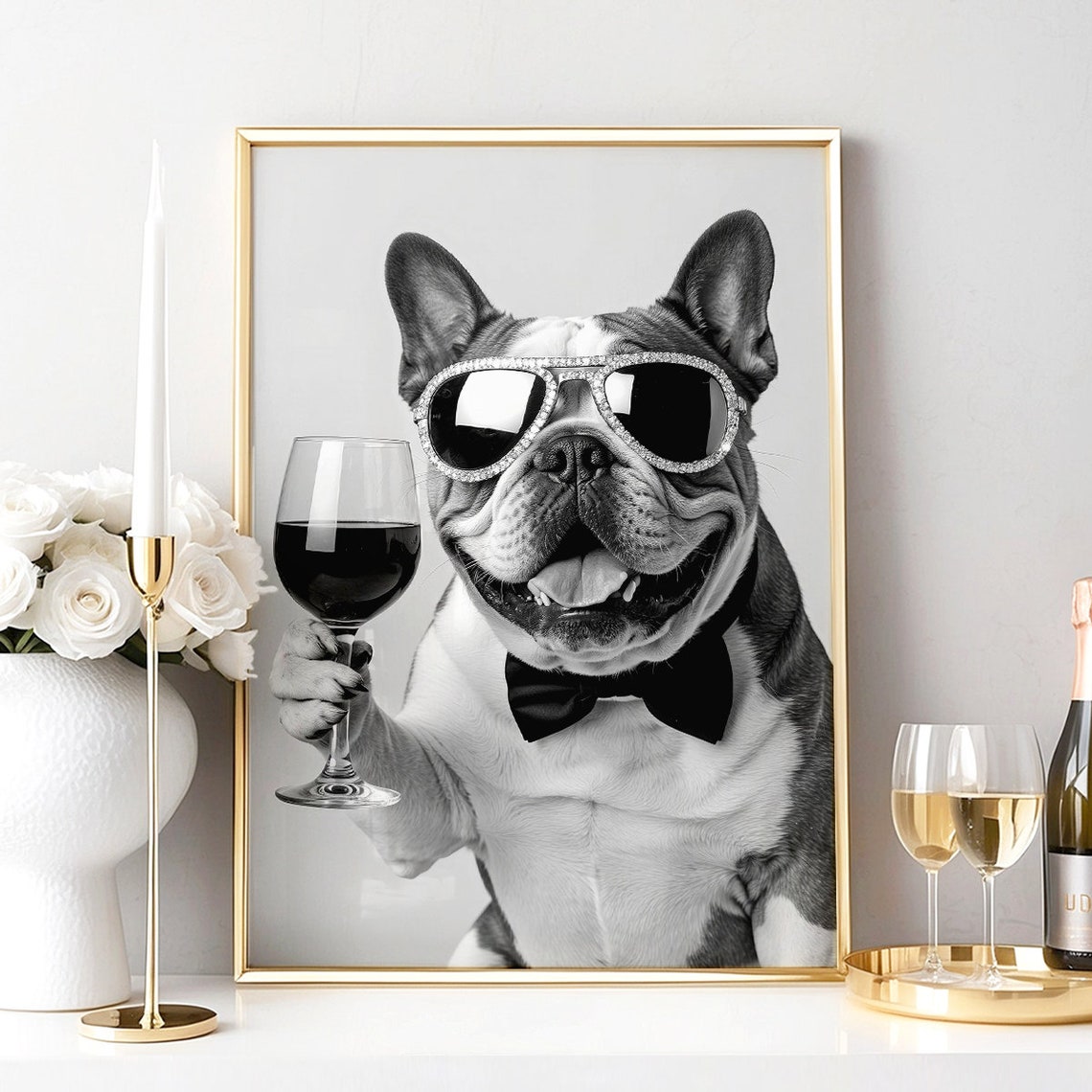 English Bulldog Wall Art Dog Drinking Wine Print Bulldog Poster Funny Dog Gift English Bulldog Gift Bar Cart Dog Drinking - Image 2